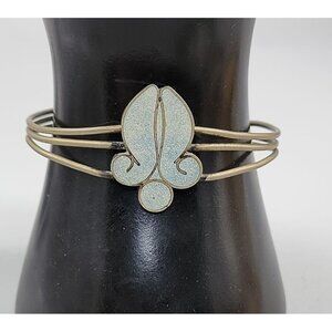 Fleur-de-lis Open Bangle Bracelet Hencho Mexico Inlaid Turquoise VTG SilverTone